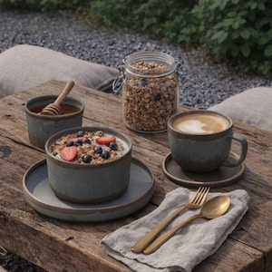 Könnte beinhalten: Eine Keramikschale mit Granola, Blaubeeren und Erdbeerscheiben auf einem passenden Teller. Daneben stehen eine Kaffeetasse, eine kleine Schale mit Honig und einem Holzlöffel, ein Glas mit Granola sowie goldenes Besteck auf einem Leinentuch.