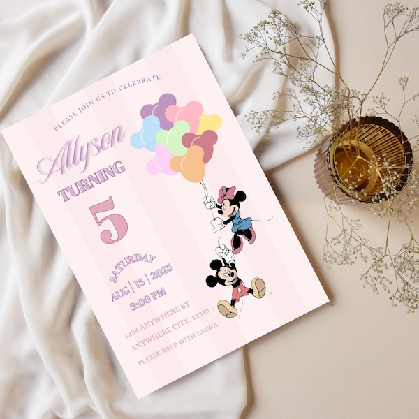 Vintage Mickey and Minnie Birthday Invitation, Pastel Balloon Party (Digital Download)