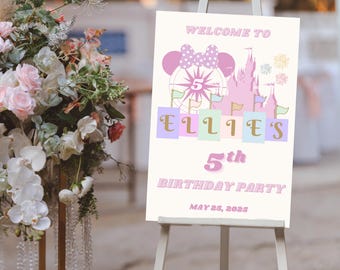 Editable Disneyland Birthday Welcome Sign, Pink Castle Ferris Wheel (Digital Download)