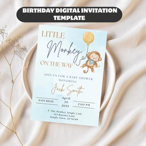 Personalisierte Babyparty-Einladung, digitale Babyparty-Einladung, Junge-Babyparty-Einladung, kleiner Affe-Babyparty-Einladungsvorlage
