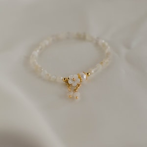 Faceted Milky Moonstone beaded bracelet with Mother of Pearl shell flower, Natural Gemstone bracelet