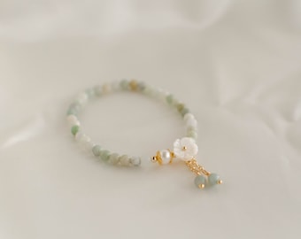 Matte Burma Jade beaded bracelet with Mother of Pearl Shell Flower, natural gemstone bracelet