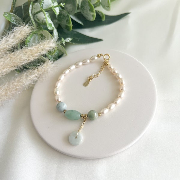 Freshwater pearl with Jade bracelet, Beaded Jade Bracelet, Natural Jade Bracelet, bracelets for her