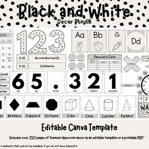 Black and White Classroom Decor Bundle | Editable Canva Template - Etsy