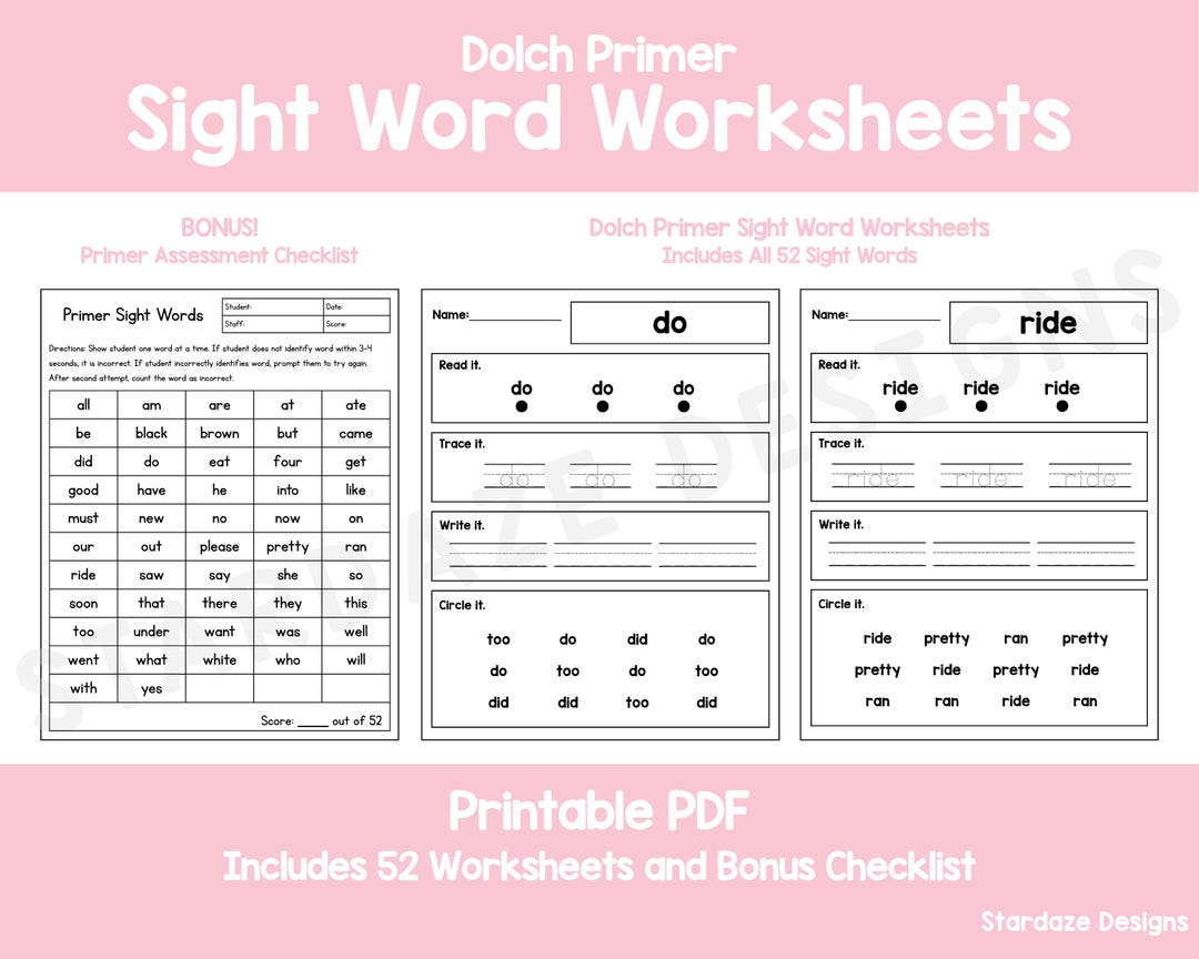 NEW Dolch Primer Sight Word Worksheet Bundle | PDF Download - Etsy