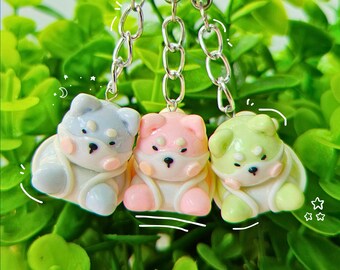 Kawaii Melon Pan Shiba Keychain - Handmade Polymer Clay Charm in Matcha, Blueberry, Strawberry Designs, Backpack Accessories, Y2K Keychain