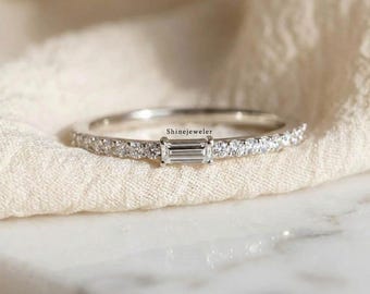 Baguette Cut Moissanite Engagement Ring 0.18CT, Minimalist Baguette Ring, Pave Moissanite Band Ring, Dainty Promise Ring Silver