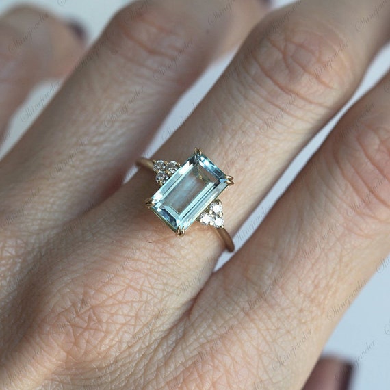 2 CT Aquamarin Stein Ring Smaragdschliff 14K Gelbgold Verlobungsring Frauen Jahrestag Ring Verlobungsring Heiligenschein Ring Etsy