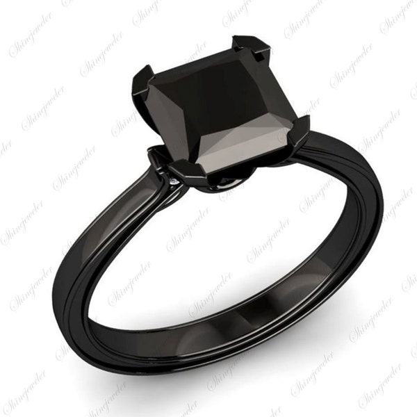 Bague en diamant noir, bague en argent sterling, bague de fiançailles en rhodium noir, bague promise, pierre précieuse noire, cadeau d’anniversaire, cadeau pour elle