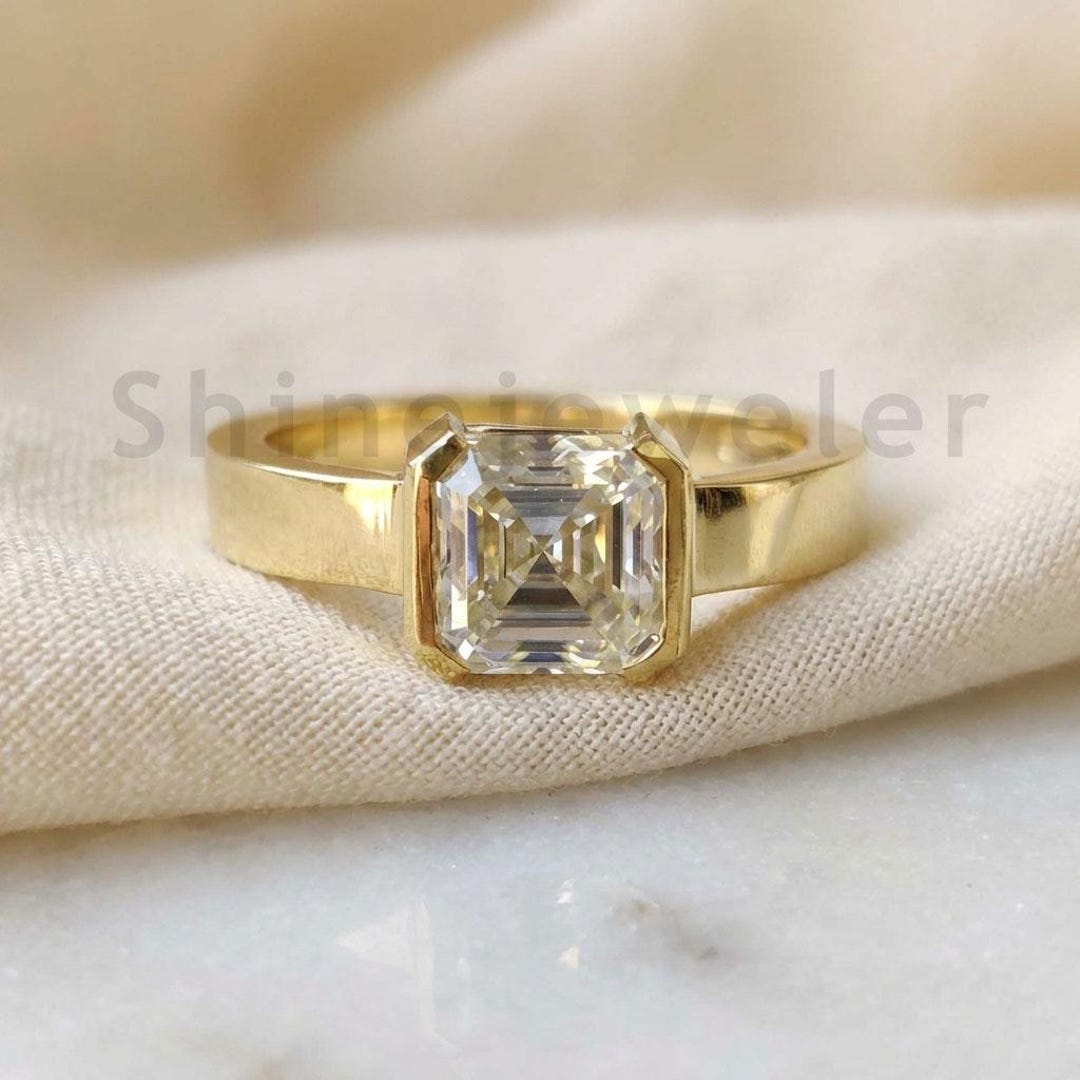 Step Cut Riing 3.02 CT Asscher Cut Moissanite Engagement Ring, Bezel Set Solitaire ...