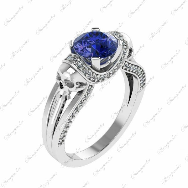 Skull Engagement Ring, Gothic Skull Bridal Wedding Ring, Round Diamond Skull Ring, Unique Skull Statement Ring, Blue Sapphire Skull Ring