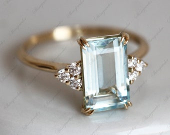 2 CT Emerald Cut Aquamarine Diamond Ring | 14K Yellow Gold Plated Engagement Ring | Women's Anniversary Ring | Engagement Ring | Halo Ring