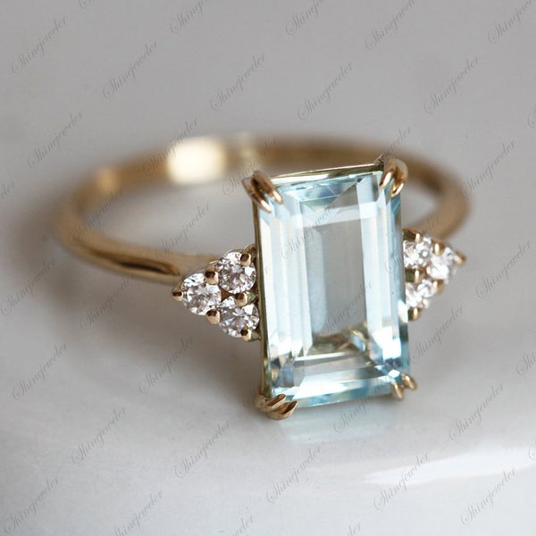 2 CT Emerald Cut Aquamarine Diamond Ring | 14K Yellow Gold Plated Engagement Ring | Women's Anniversary Ring | Engagement Ring | Halo Ring