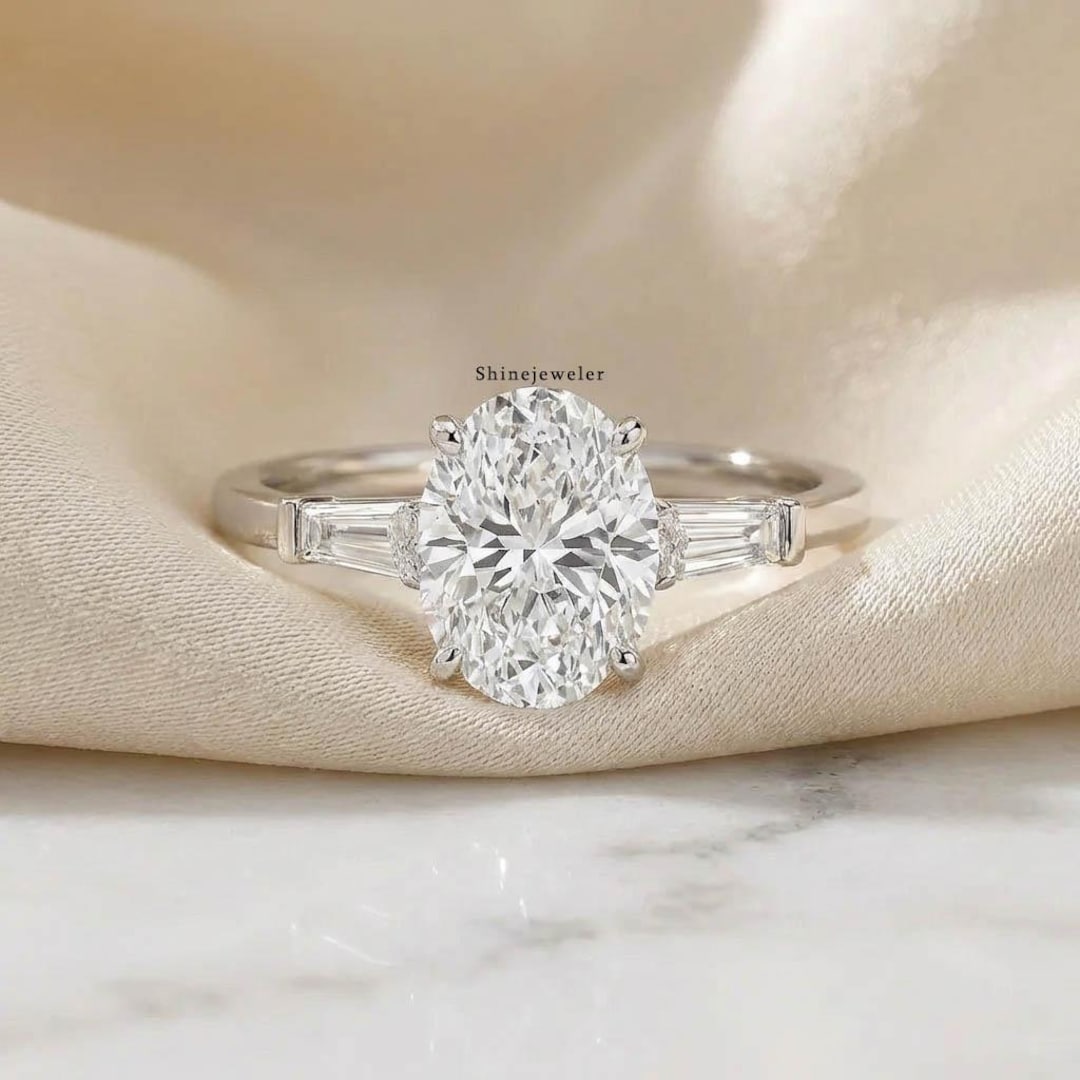 Oval Cut Moissanite Three Stone Ring 2.02CT, Oval Engagement Ring With ...
