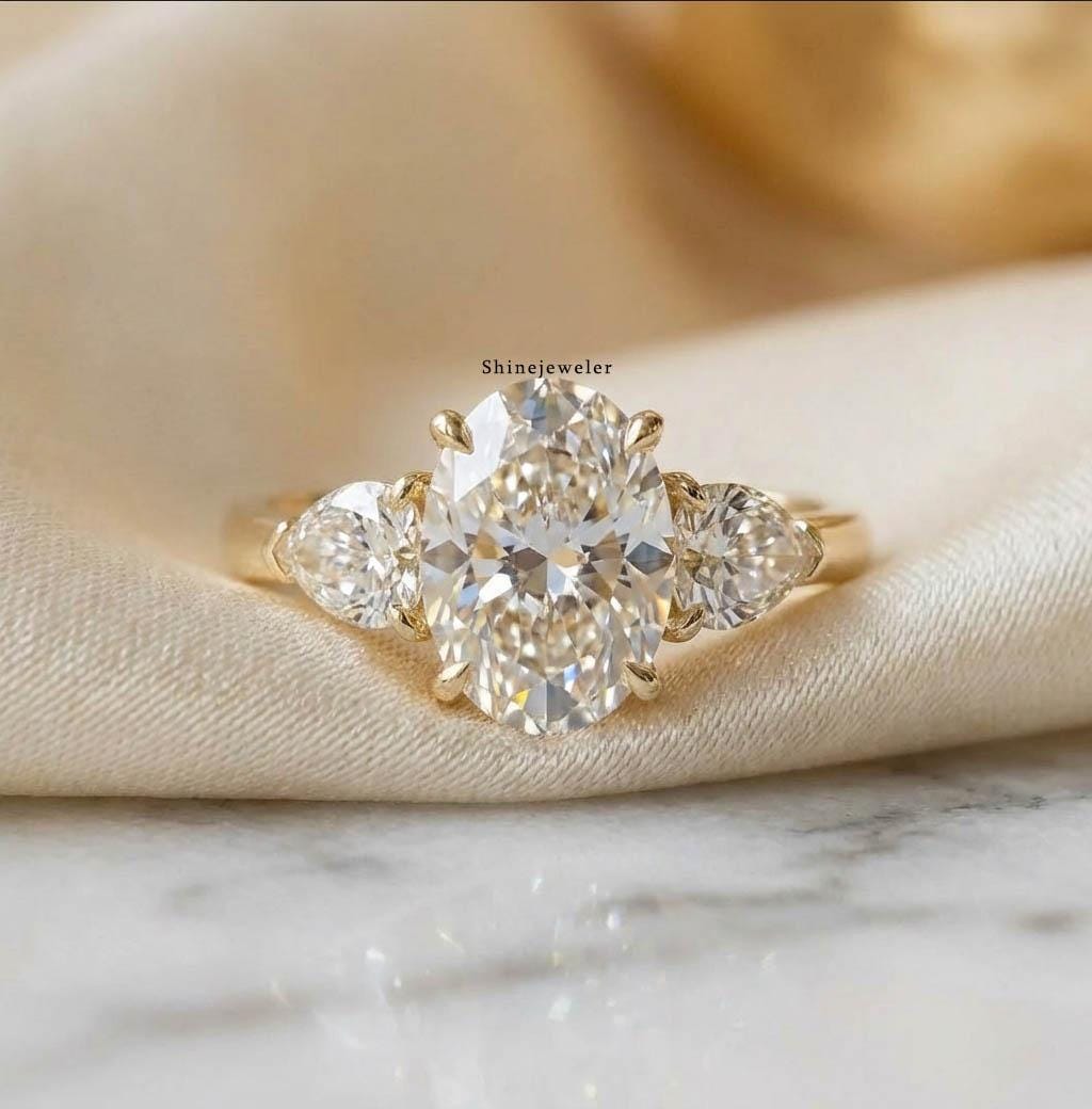 3.02CT Oval Cut Moissanite Engagement Ring, Three Stone Oval Ring ...