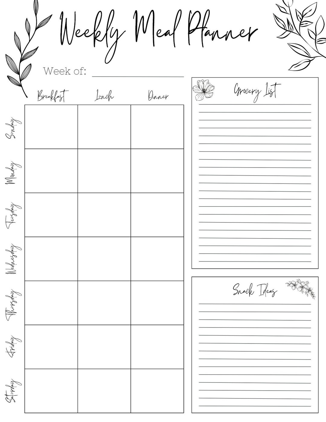 DIGITAL DOWNLOAD - Weekly Meal Planner - Minimalistic Floral Design ...