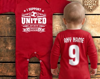Man United Rompersuit – Personalised with Name & Number – Football Baby Gift