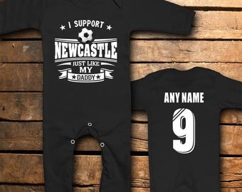 Personalised Newcastle Rompersuit – Custom Name & Number – Little Magpies Baby Gift – Football Fan Romper
