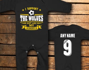 Personalised Wolves Rompersuit – Custom Name & Number – Baby Football Fan Gift