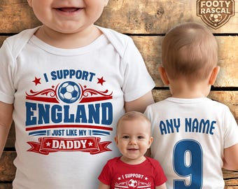 England Baby Grow – Personalised with Name & Number – Football Baby Gift