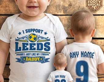 Leeds Baby Grow – Personalised with Name & Number – Football Baby Gift