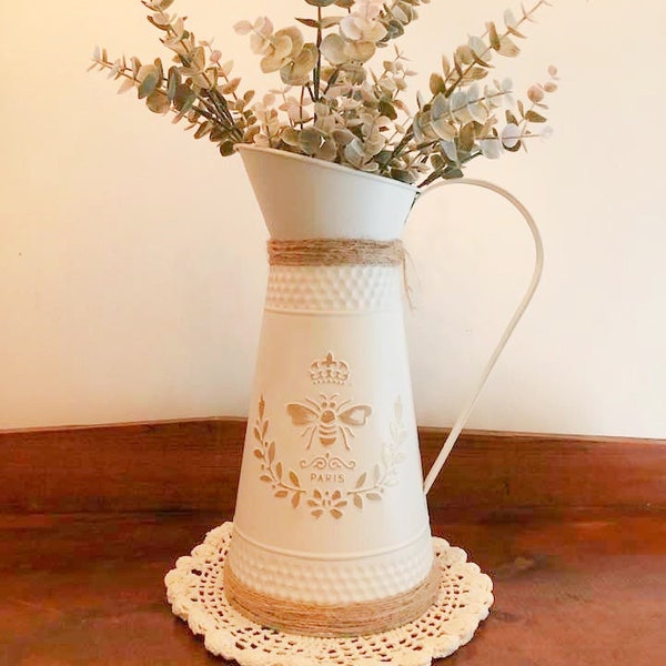 White Stenciled Galvanized Pitcher with Eucalyptus - Farmhouse, Country, Cottage Decor, Home, Kitchen, Table, Centerpiece, Bedroom, Hallway