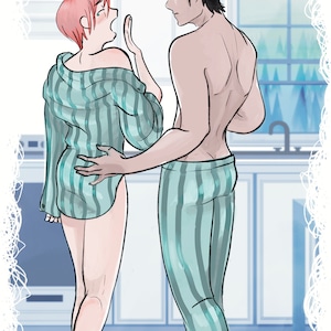 May include: Two people in striped pyjamas stand in a kitchen. The person on the left is wearing a light blue and green striped shirt and has pink hair. The person on the right is wearing light blue and green striped trousers and has black hair.