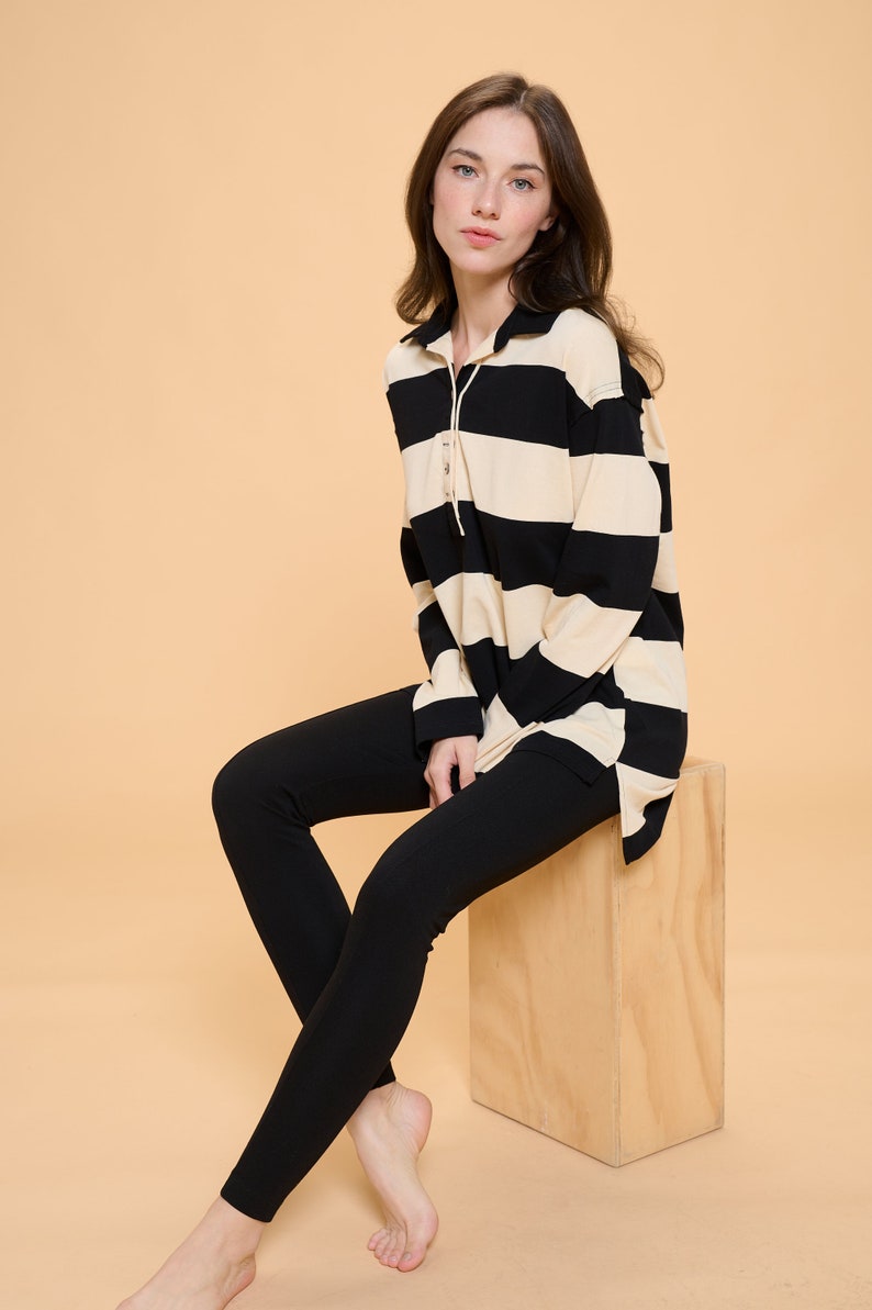 Cute simple Bold Striped Collar neck Jersey knit Long Sleeve top/Cute casual top/modern/minimalist/basic tunic top/oversize comfy top/unique image 4