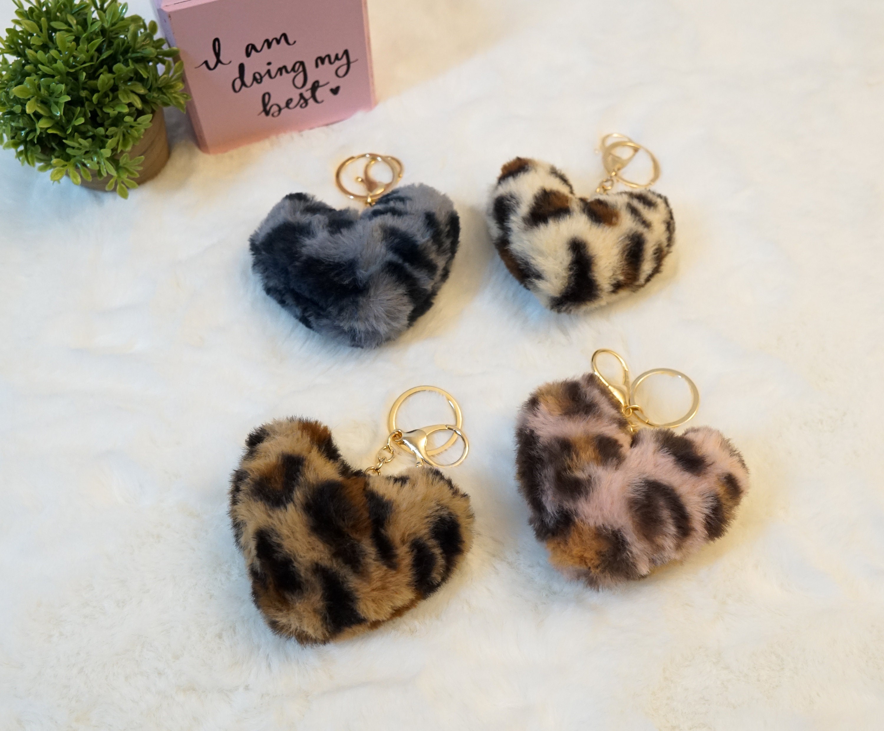 leopard pompom key chains Cute Heart Keychain Fluffy Leopard Pattern Heart  Shaped Heart Pom Pom plush fluffy furball keychain