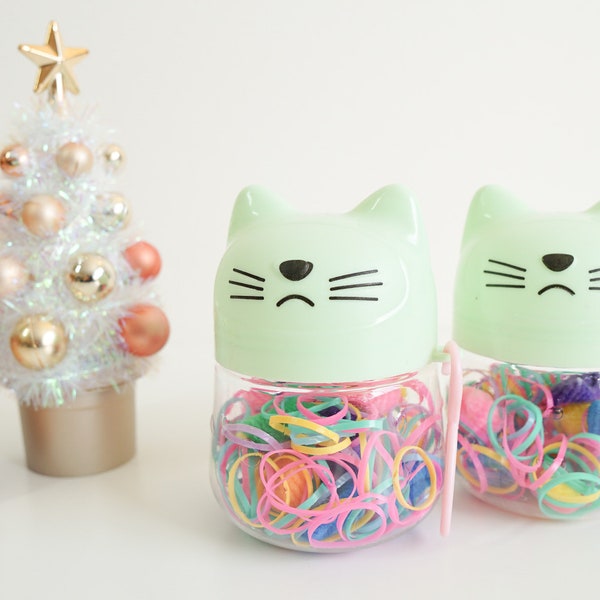 Cute Cat Container Multi colored Small Elastic Hair Tie set/ Holiday gift/ Gift for her/ Self Gift/ Birthday Gift/ Hair Accessories idea