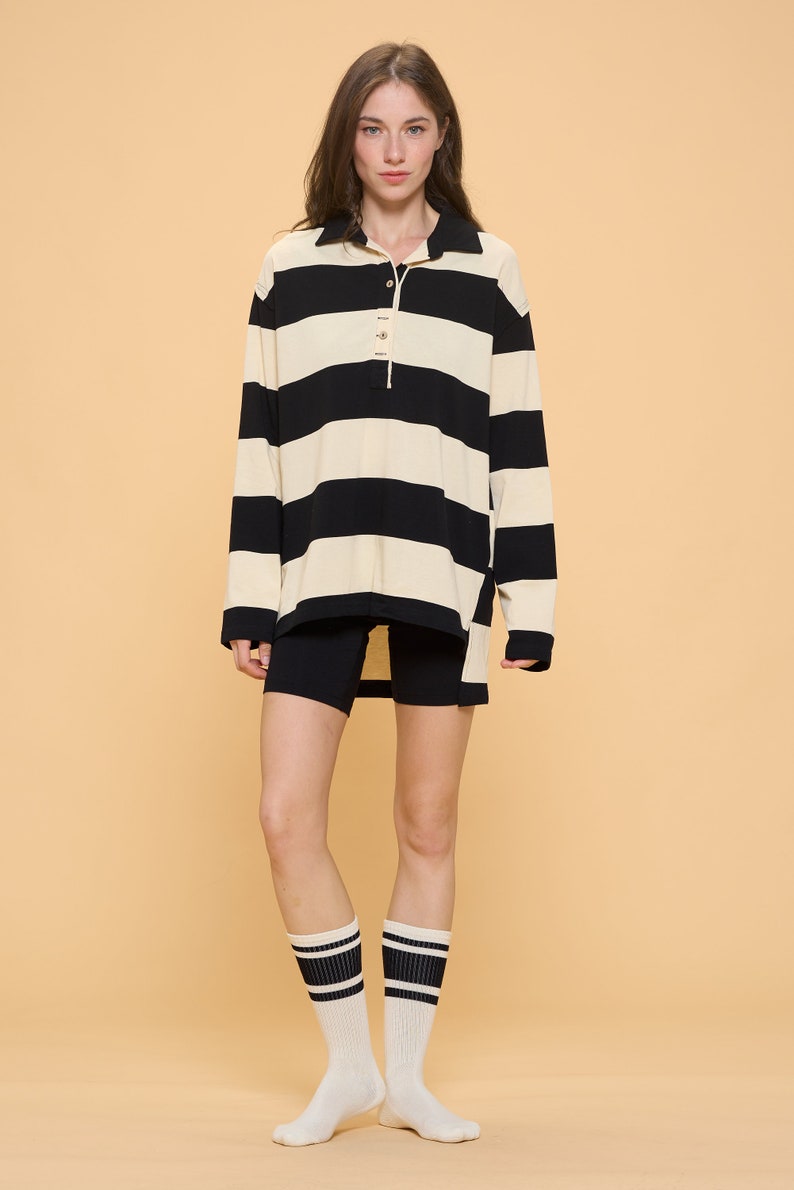 Cute simple Bold Striped Collar neck Jersey knit Long Sleeve top/Cute casual top/modern/minimalist/basic tunic top/oversize comfy top/unique image 2