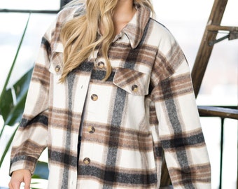 Women's Cute Oversized Plaid Cozy Button up Jacket with Side Pocket/Fall Winter Must Have item/Gift for Her/Self Gift/Holiday Gift
