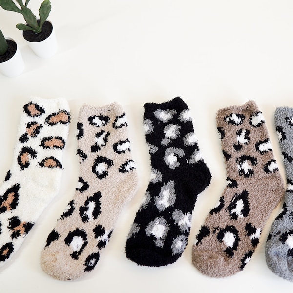 Cute Soft Fuzzy Leopard Socks/Cozy/ Warm  plush socks/ Winter must have/Loungewear/Comfy/Unique /Holiday gift/ Gift for her/Bridal party