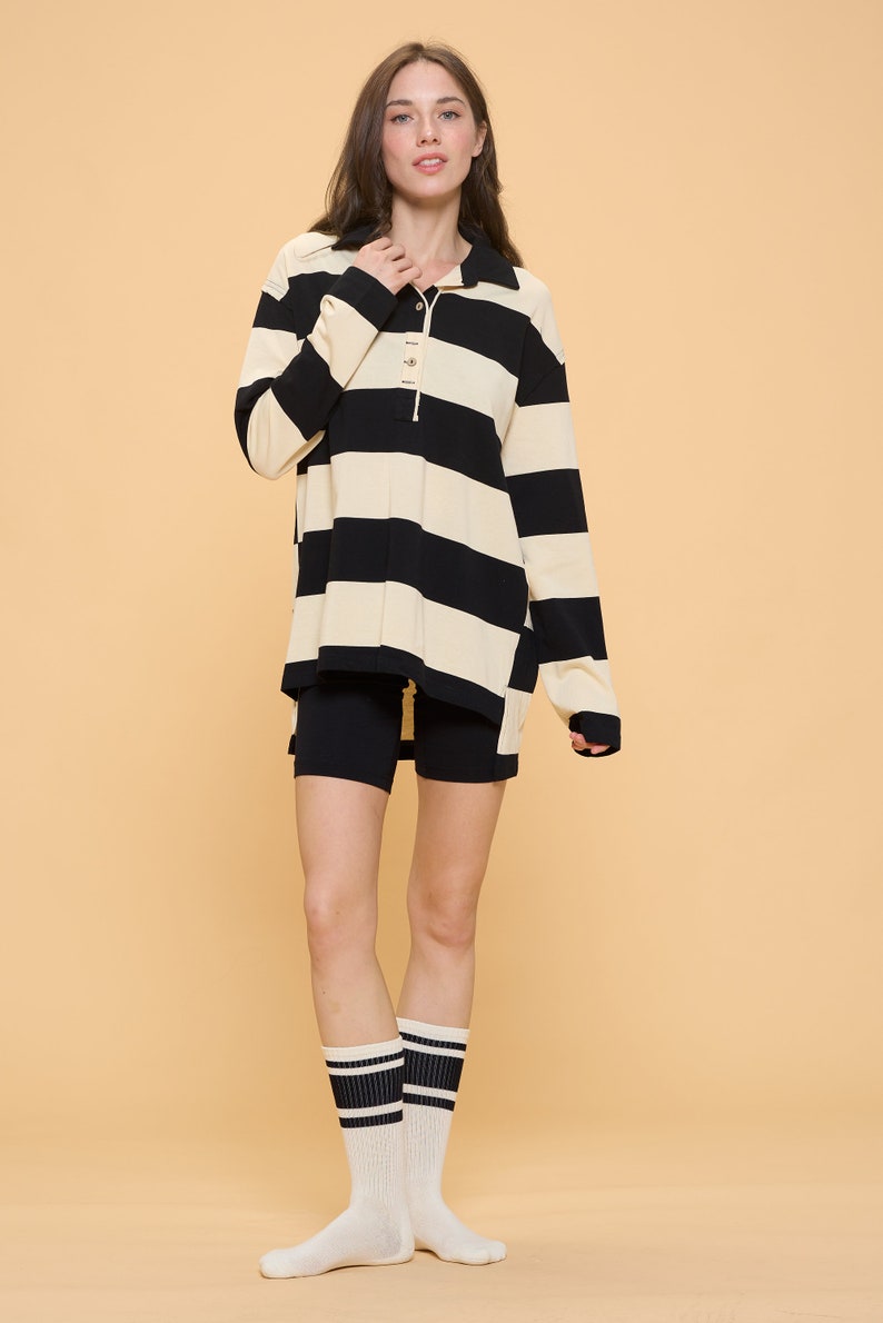 Cute simple Bold Striped Collar neck Jersey knit Long Sleeve top/Cute casual top/modern/minimalist/basic tunic top/oversize comfy top/unique image 6