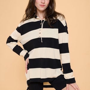 bold stripe rugby shirt/oversize shirt/casual top/winter top/active wear/button closure/comfy style clothing/unique fashion/fast fashion/basic top/solid top/holiday gift/ gift for her/ self gift/all season wear