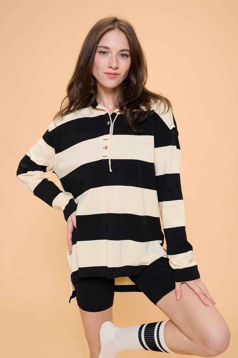 bold stripe rugby shirt/oversize shirt/casual top/winter top/active wear/button closure/comfy style clothing/unique fashion/fast fashion/basic top/solid top/holiday gift/ gift for her/ self gift/all season wear