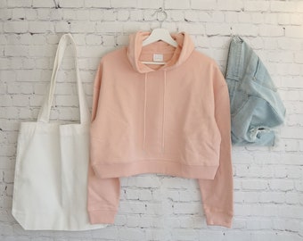 Comfy Pink Crop Soft French Terry Pullover Hoodie/Casual outfit/Back to School/Gift for Her/Self Gift/Daily Wear