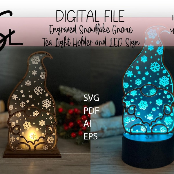 Engraved Snowflake Gnome Tea Light Holder and LED Sign Glowforge Digital Laser Cut SVG File Winter Christmas Acrylic Handmade Design PDF ai