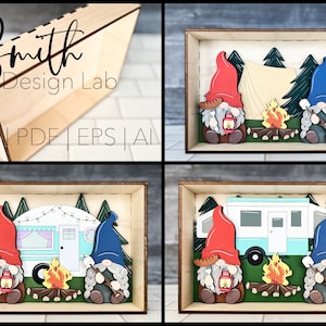 Camping Tent RV Gnomes | Wooden Shadow Box | Glowforge SVG Digital Cut File | SmithDesignLab