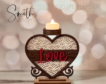 Soporte de luz de té hexagonal de corazón SVG Glowforge Archivo de corte láser digital Día de San Valentín Diseño de desplazamiento hecho a mano Decoración de madera AI PDF