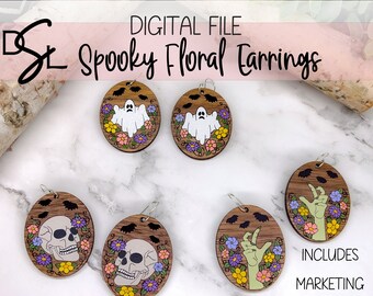 Spooky Floral Earrings Halloween Skull Ghost Fall Autumn Jewelry Glowforge Digital Cut File SVG Handmade Laser Design Wood Acrylic ai pdf