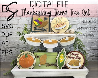 Thanksgiving Tiered Tray Decor Set Bundle Glowforge Digital Laser Cut SVG Herbst Herbst Layered Handmade Holz Design AI PDF Kürbiskuchen Türkei
