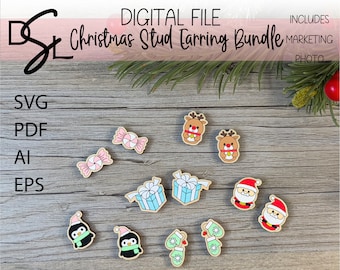 Christmas Stud Earring Bundle Holiday Winter Glowforge SVG Digital Laser Cut File Handmade Design Wood Jewelry Mitten Santa Penguin Reindeer
