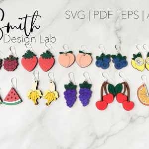 Obst Ohrringe Blaubeere Erdbeere Banane Pfirsich Traube Zitrone Wassermelone Kirsche Zitrus Glowforge SVG Digital Laser Cut Datei Holz Acryl