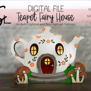Lighted Teapot Fairy House Glowforge SVG Digital Laser Cut File Woodland Elf Handmade Design Mushroom Whimsical Enchanted Forest Wood Decor