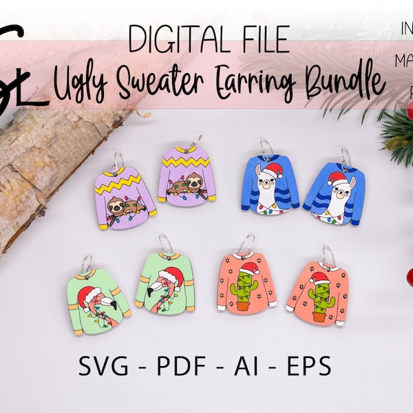 Ugly Christmas Sweater Earring Bundle Glowforge SVG Digital Laser Cut File Holiday Wood Jewelry Handmade Design Sloth Cactus Alpaca Flamingo