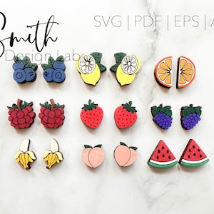 Fruit Stud Earring Bundle Blueberry Lemon Watermelon Banana Raspberry Citrus Peach Strawberry Grape Glowforge SVG Digital Laser Cut File