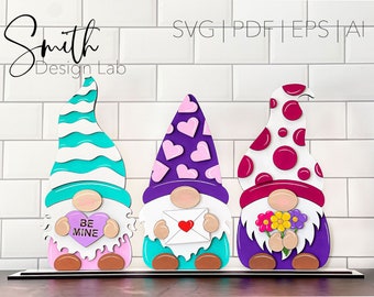 Valentine's Gnome Shelf Sitter Glowforge SVG Archivo de corte láser digital Regalo de vacaciones Decoración de madera Diseño hecho a mano Corazones Adobe Illustrator PDF AI