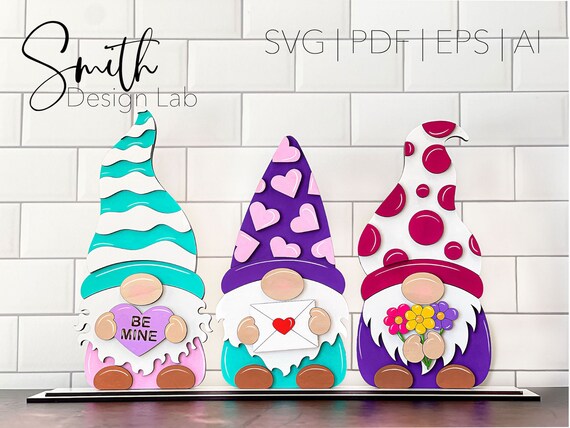 Valentine's Gnome Shelf Sitter Glowforge SVG Digital Laser Cut File Holiday Gift Wood Decor Handmade Design Hearts Adobe Illustrator PDF AI