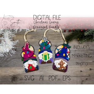 Christmas Gnome Ornament Bundle SVG Digital Laser Cut File Glowforge CNC Winter Holiday eps ai pdf Wooden Handmade design decor